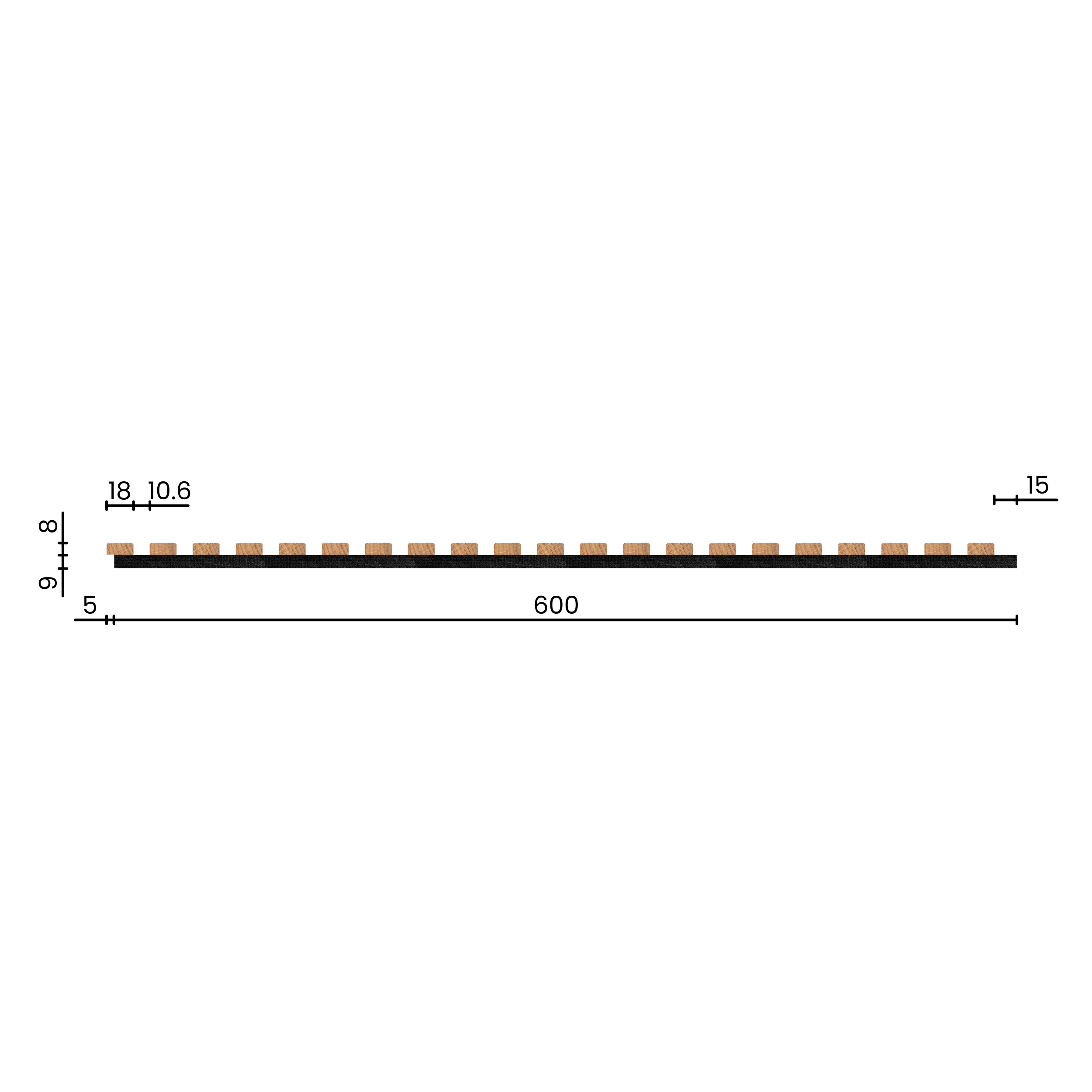 Panneau acoustique décoratif en bois de bouleau massif 2400x600mm - Lamelles de 18mm, support en feutre noir