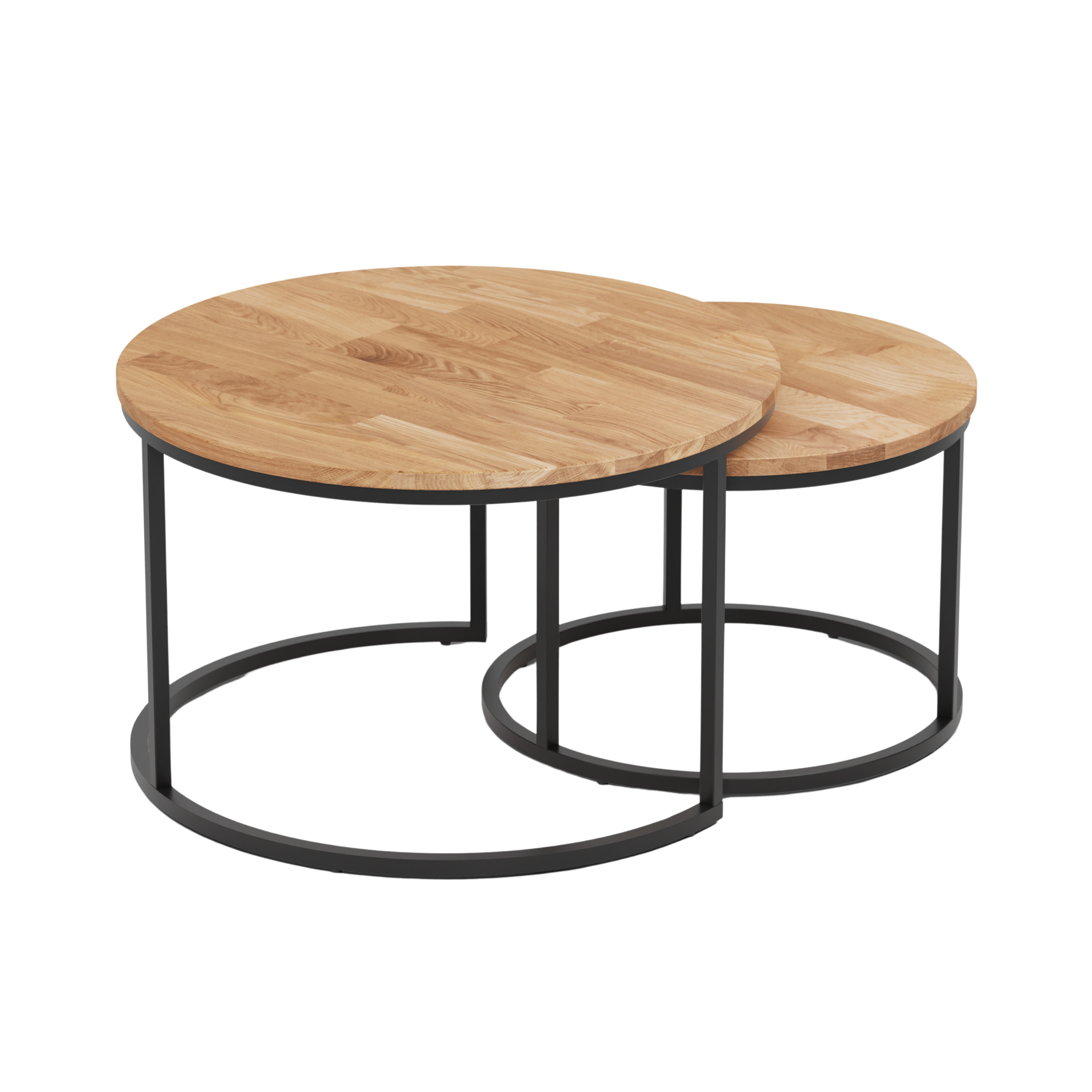 Table basse Rukilill avec pieds en métal noir et plateau en chêne naturel sur fond blanc