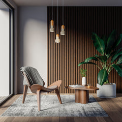 Wooden chocolate toned acoustic panels in a modern living room setting with wooden decor and a big plant