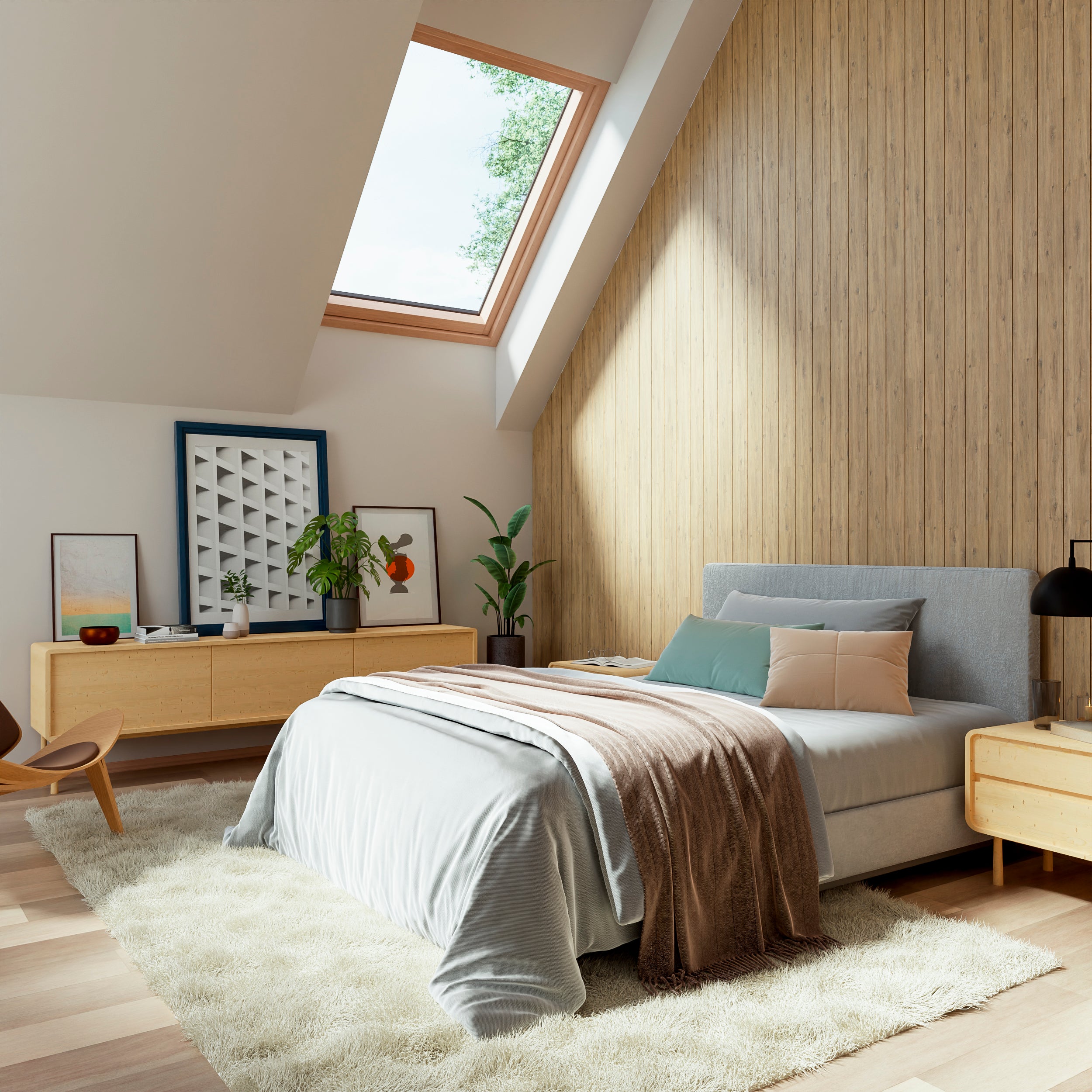 A cozy and modern bedroom which is furnished with warm wooden furniture