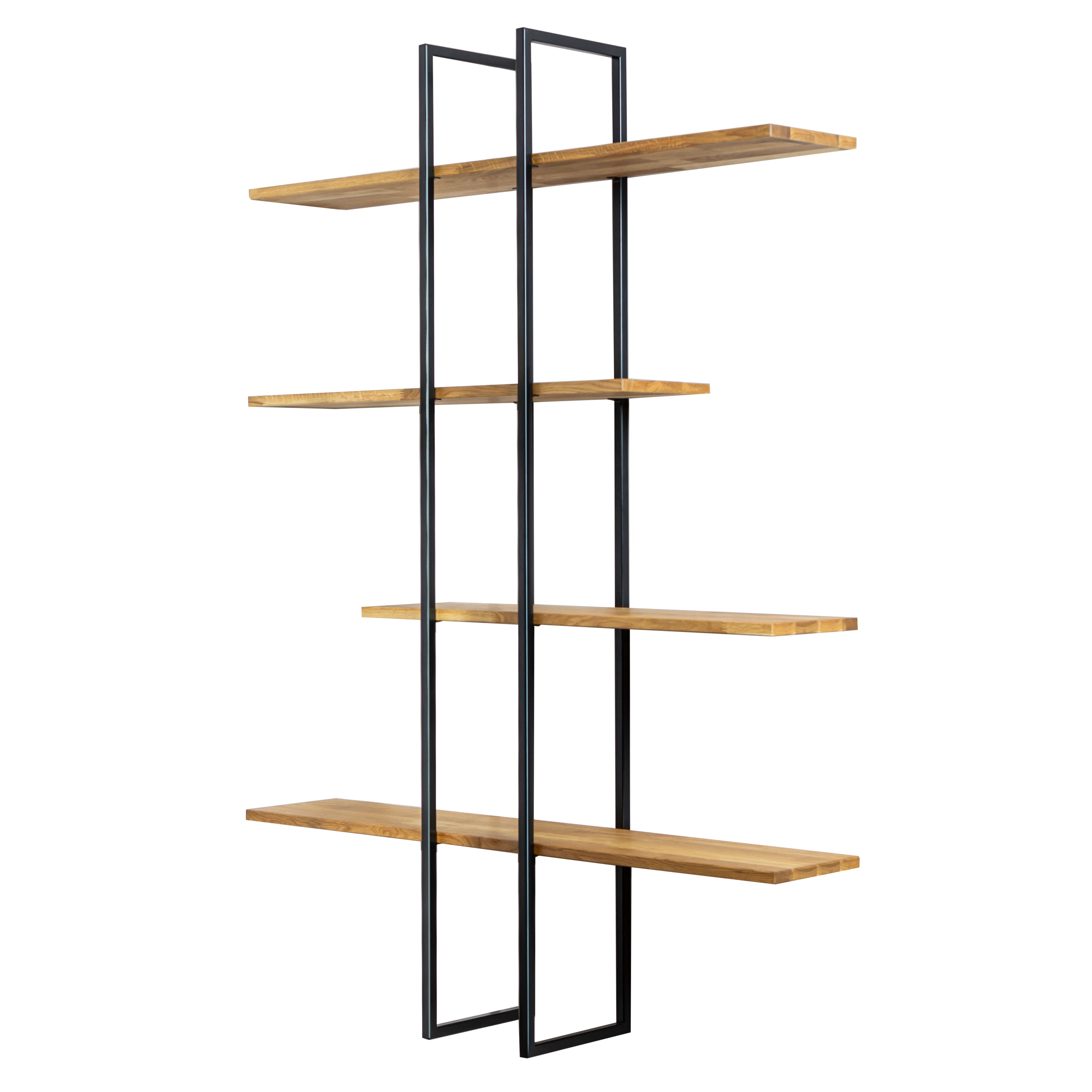 Solid wood floating shelf ÄIKE with two metal frames on a white background