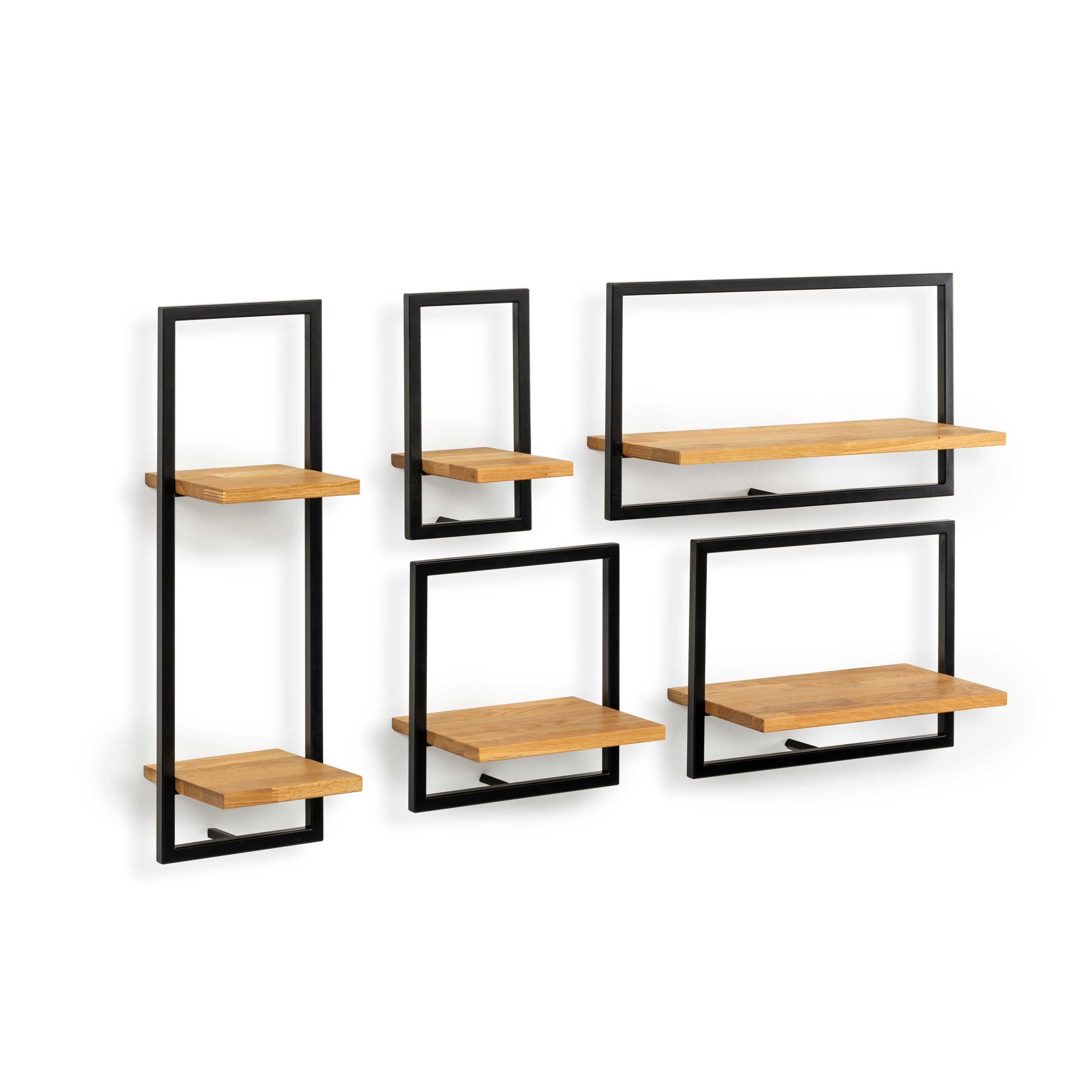 The set of solid oak floating shelves AKEN with metal frames on a white background