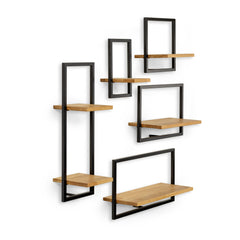 The set of solid oak floating shelves AKEN with metal frames on a white background