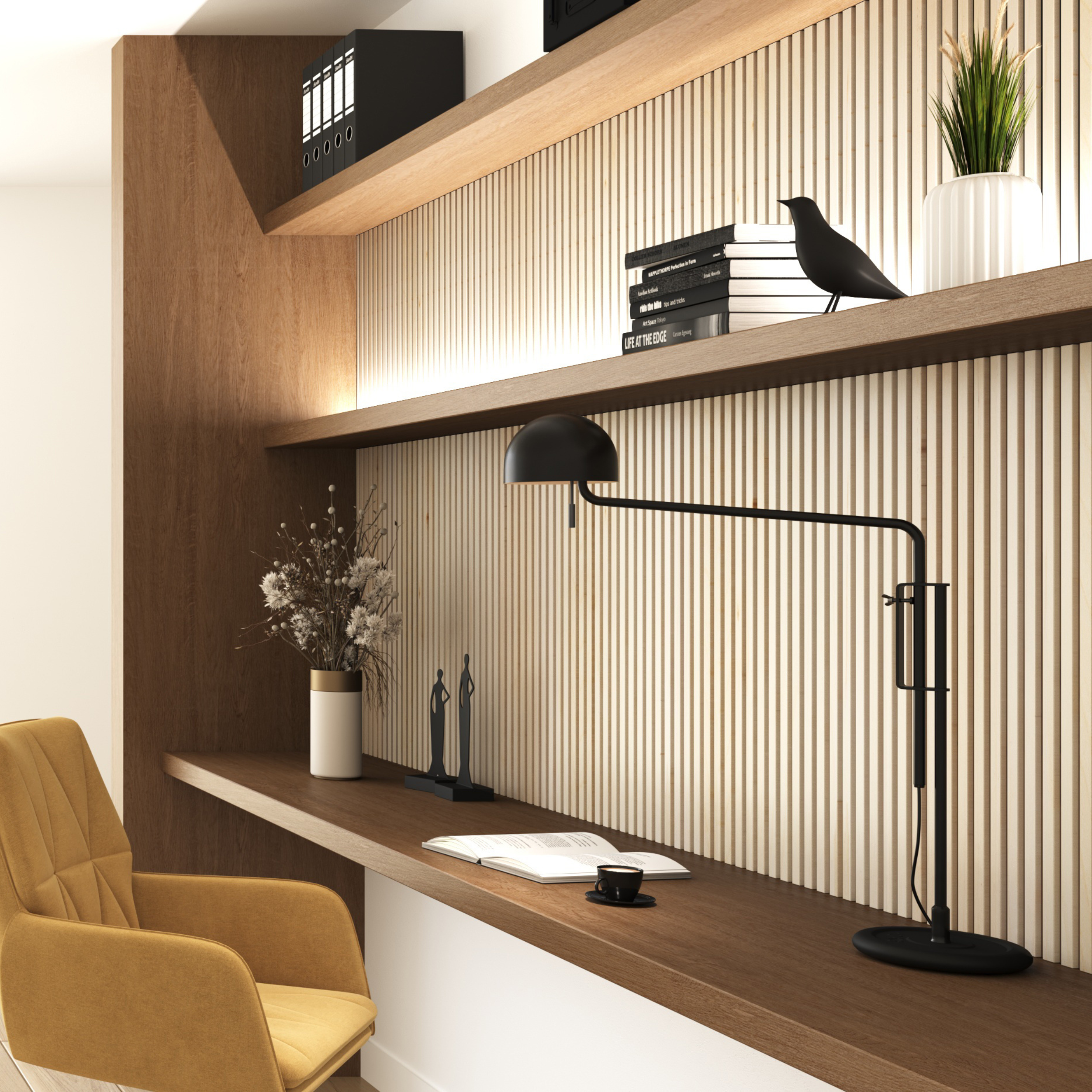 Natural birch Solid Wood Acoustic Wall Panels in a cozy home office setting with books on the shelves and a yellow chair