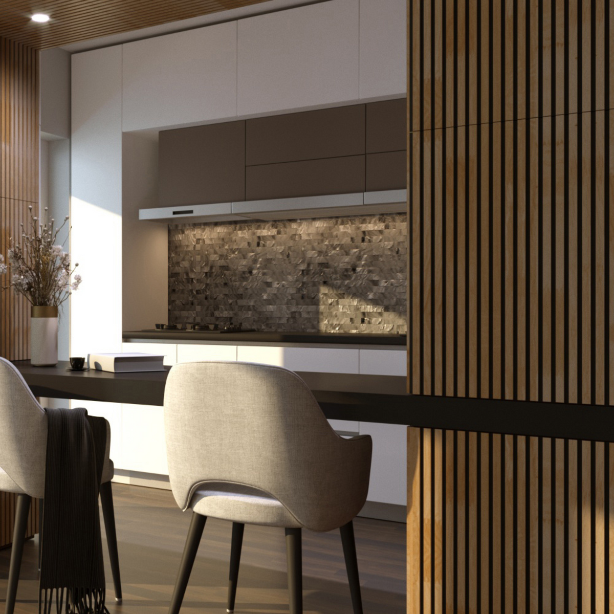 Solid Oak Wall Panels in kitchen with metal legged chairs and a built in kitchen table