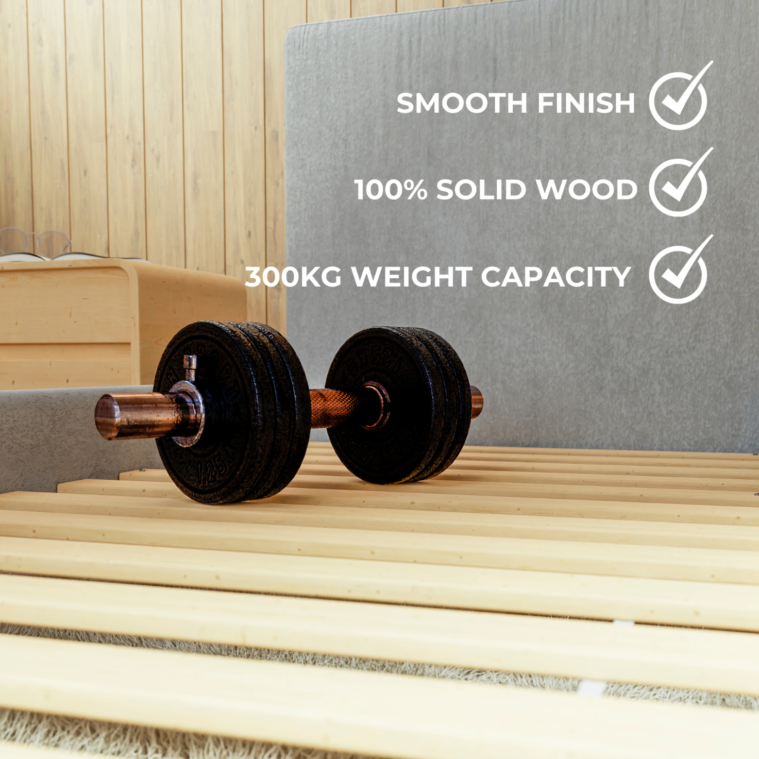 The product details of the bed slats KUUSK. It has smooth finish, it is made out of 100% solid wood and has 300kg weight capacity