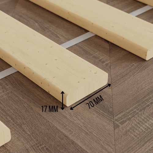 A close-up view of the bed slats KUUSK showcasing the thickness and width of the slats which are 17mm and 70mm