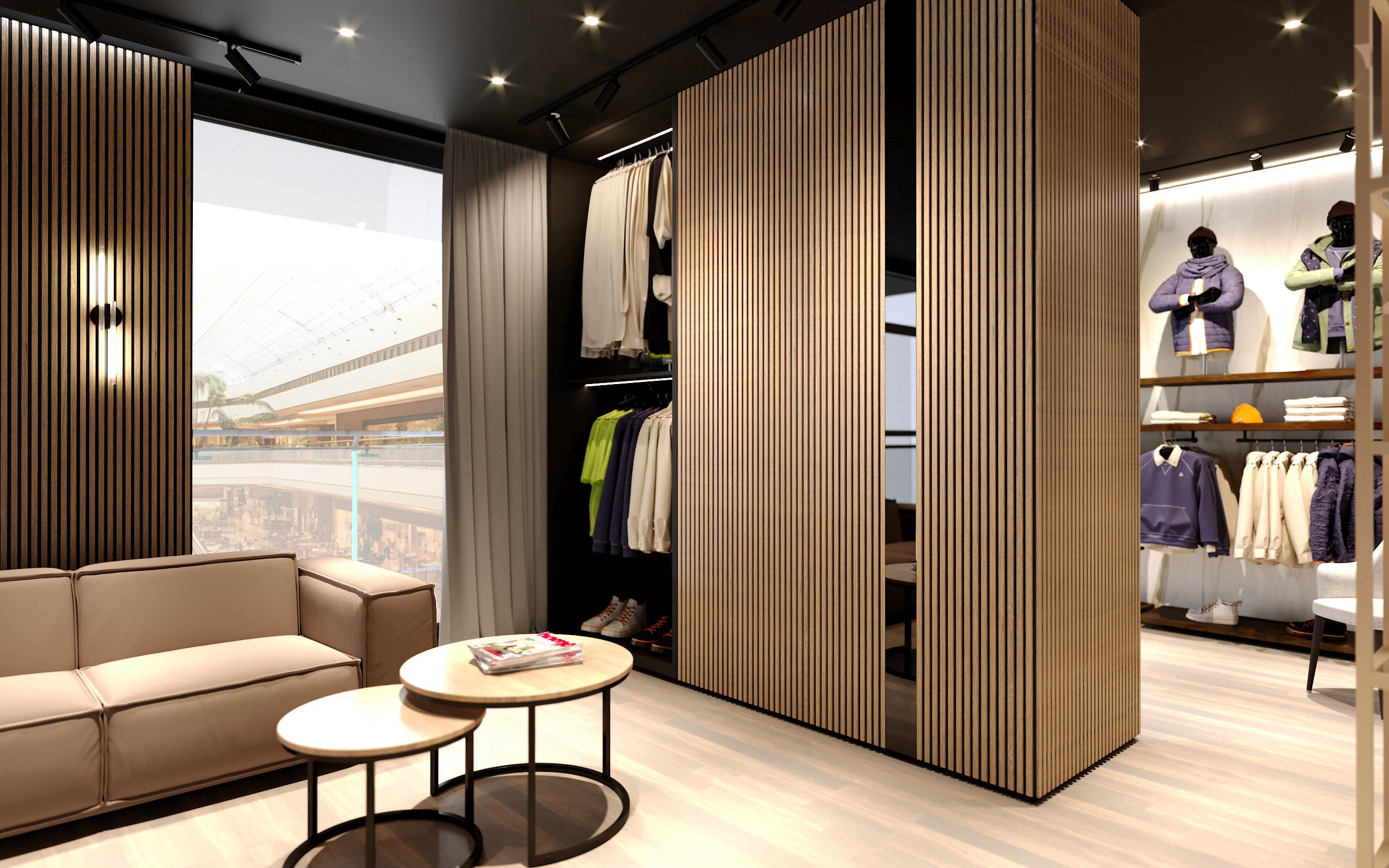 A modern and cozy closet space with dark solid wood acoustic panels and round coffee tables