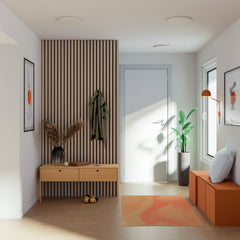 Solid Wood Acoustic Wall Panels on a hallway wall with bright yet warm interior design