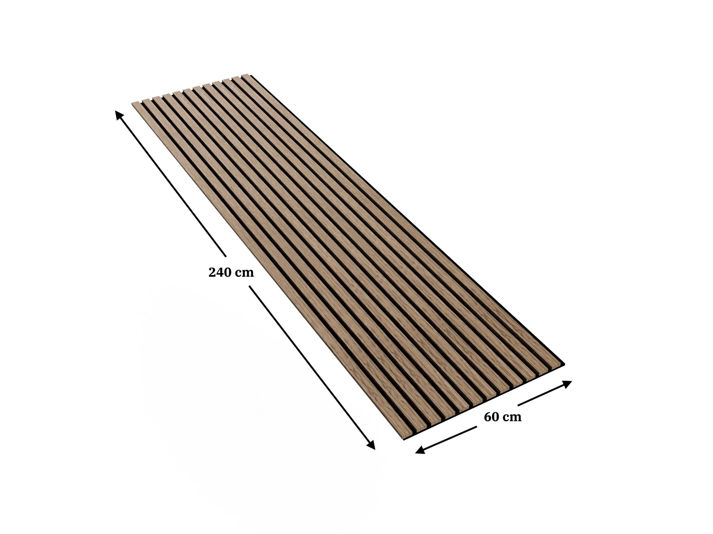 Solid Wood Wall Slat Panels with measurements on a white background