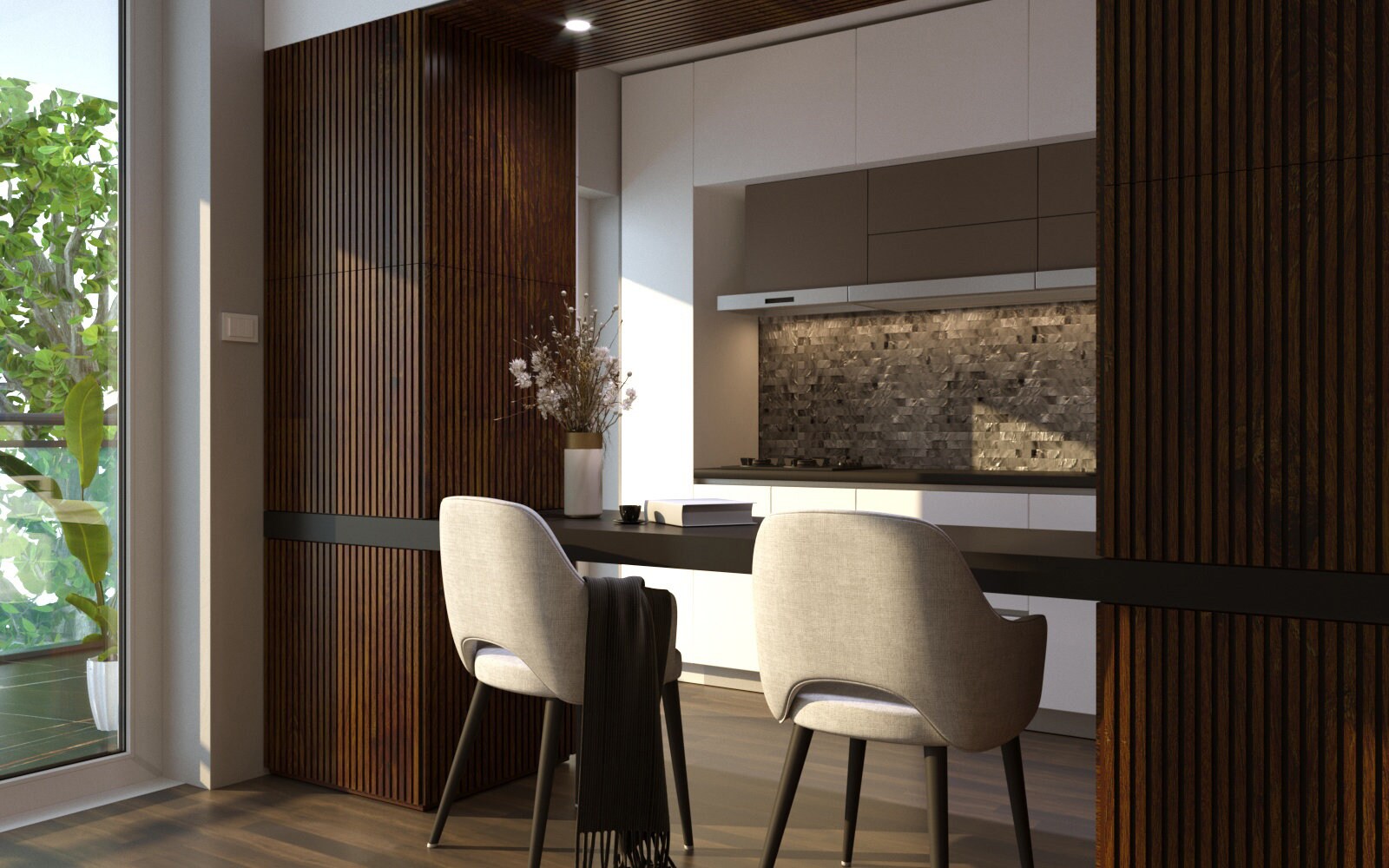 Chocolate Brown Solid Birch Wall Panels in kitchen with metal legged chairs and a built in kitchen table