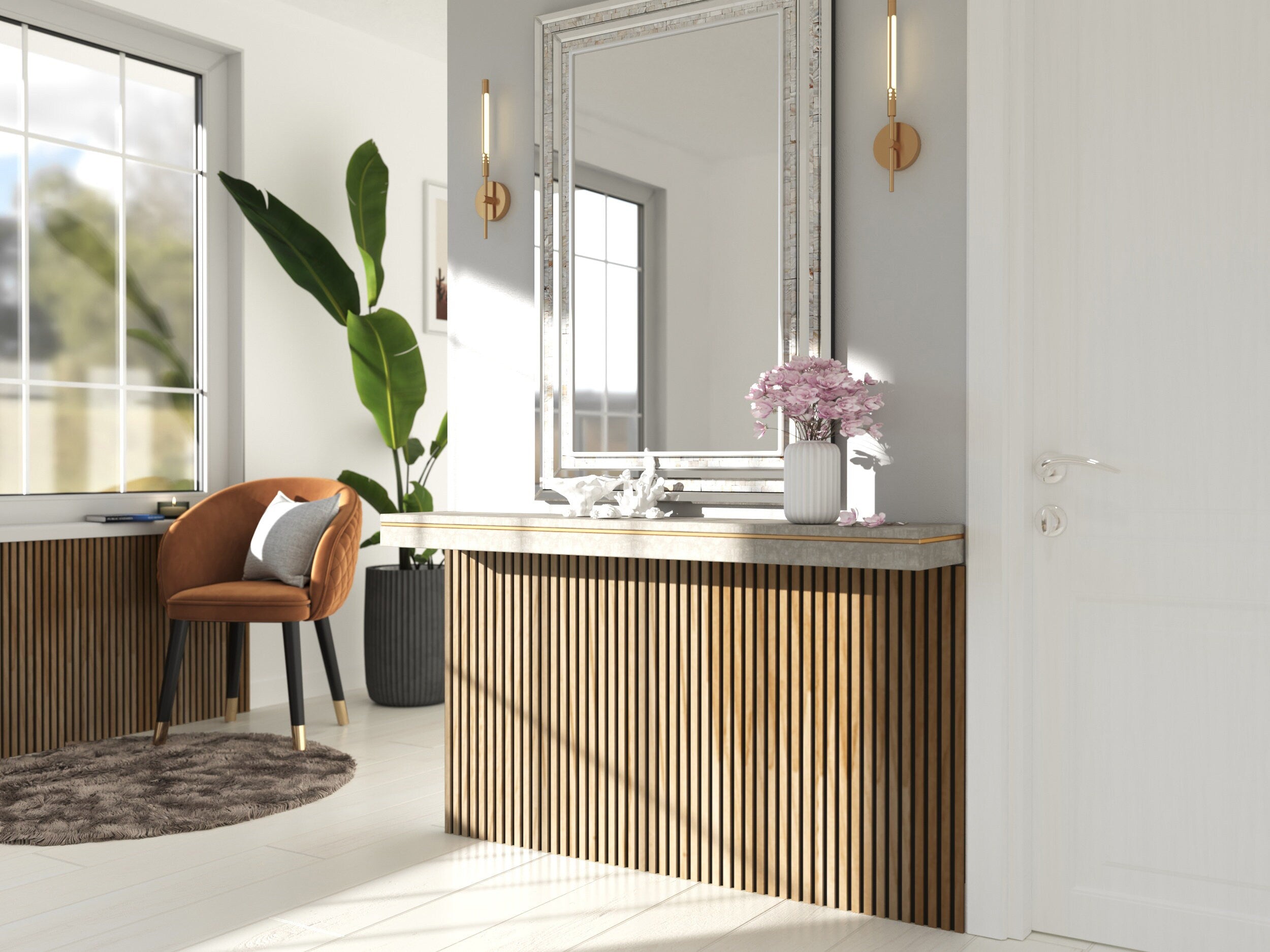 A bright and modern living area with natural oak wall panels covering the wall below a metallic mirror