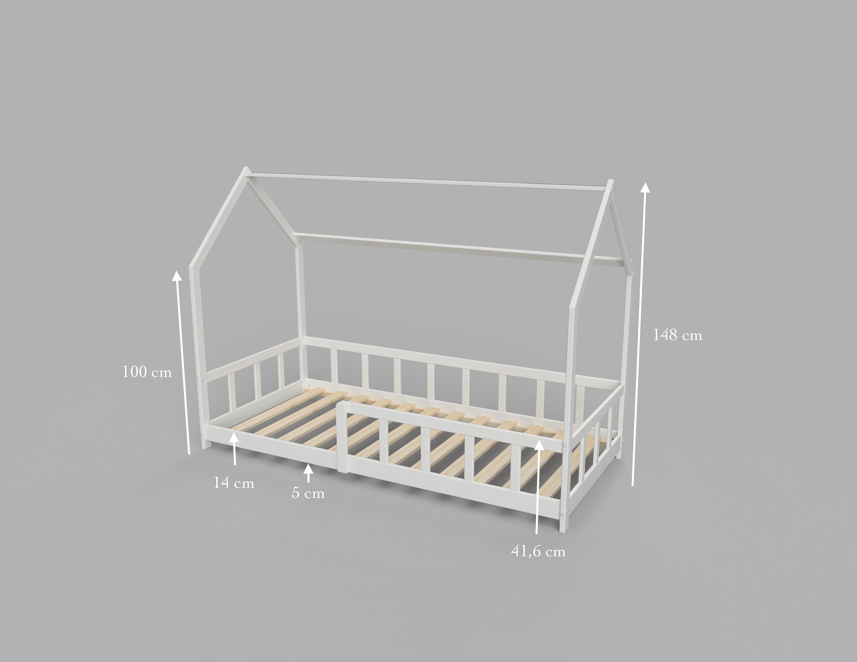 Mesures du lit blanc de la Maison Montessori avec barrières