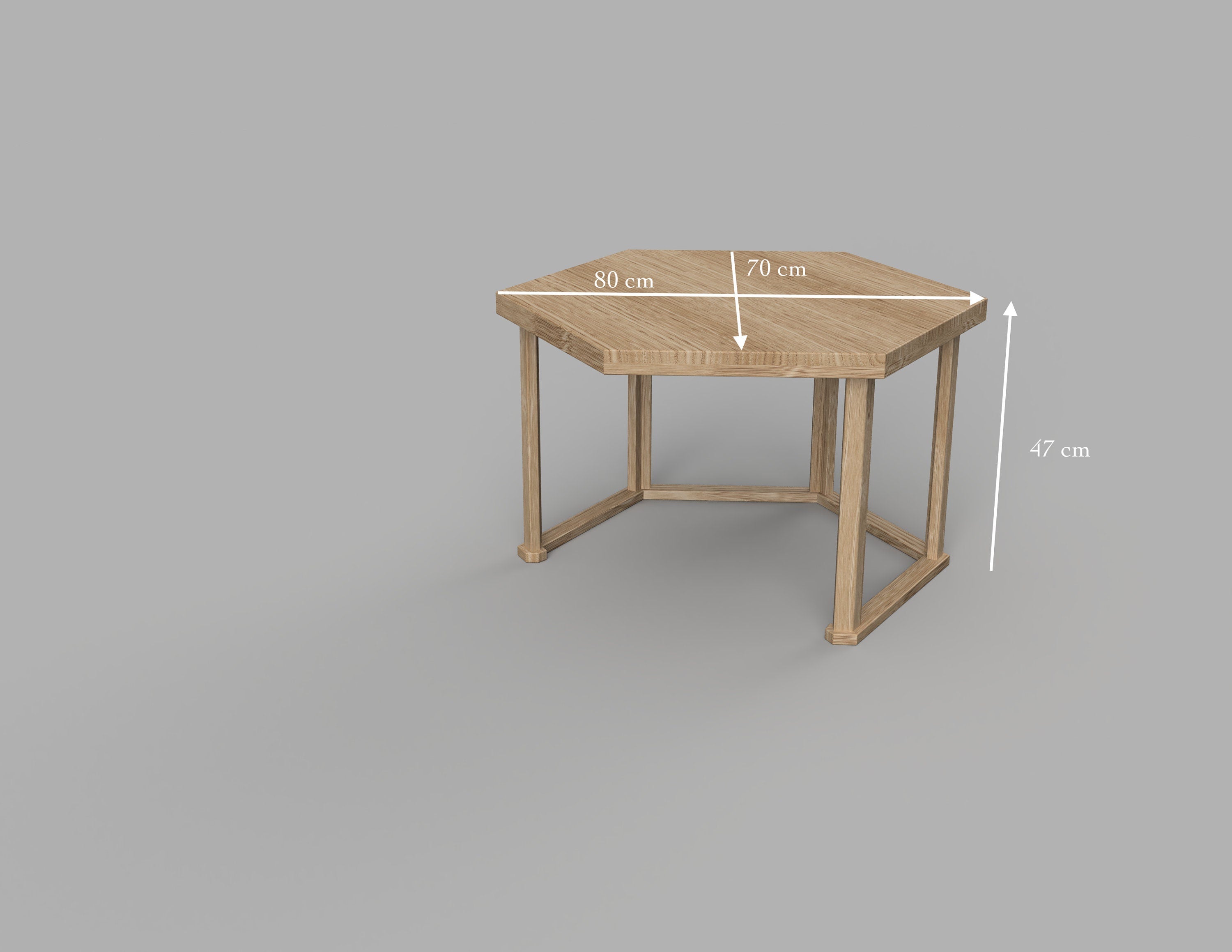 HEX coffee table 3D rendering with measurements of the coffee table.