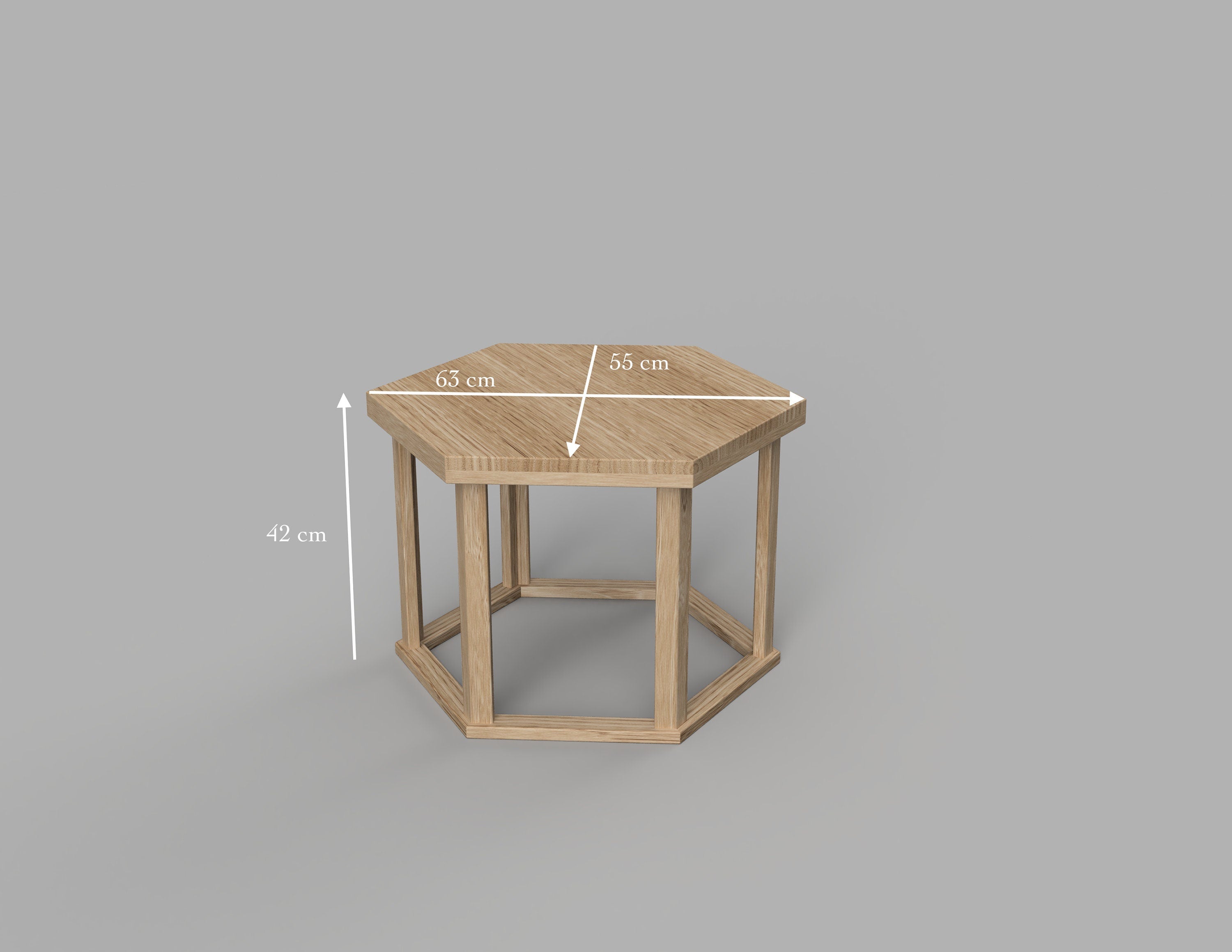 HEX coffee table 3D rendering with measurements of the coffee table.