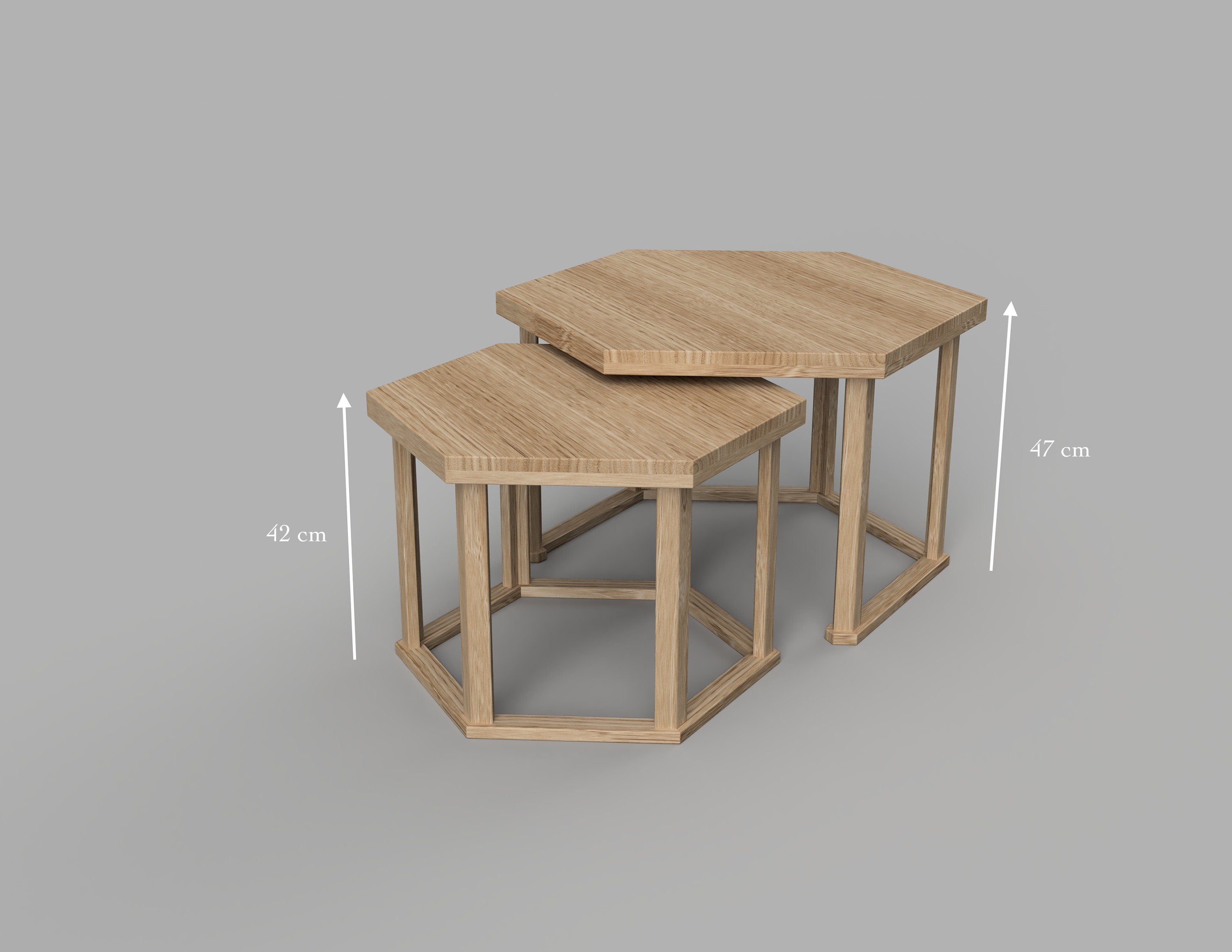 HEX coffee table 3D rendering with measurements showcasing the height of the two coffee tables.