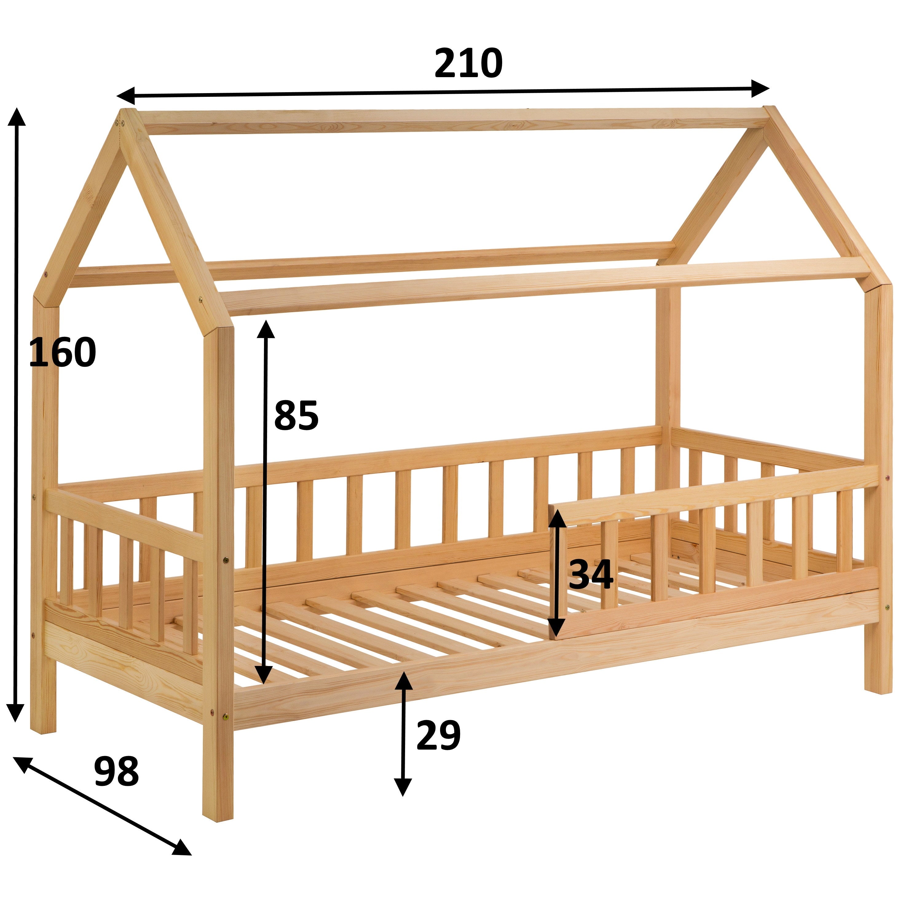 Montessori Bett, Montessori bett, Hausbett, Hausbett mit Schranken und Schubladen, 200x90 Hausbett, Lit cabane