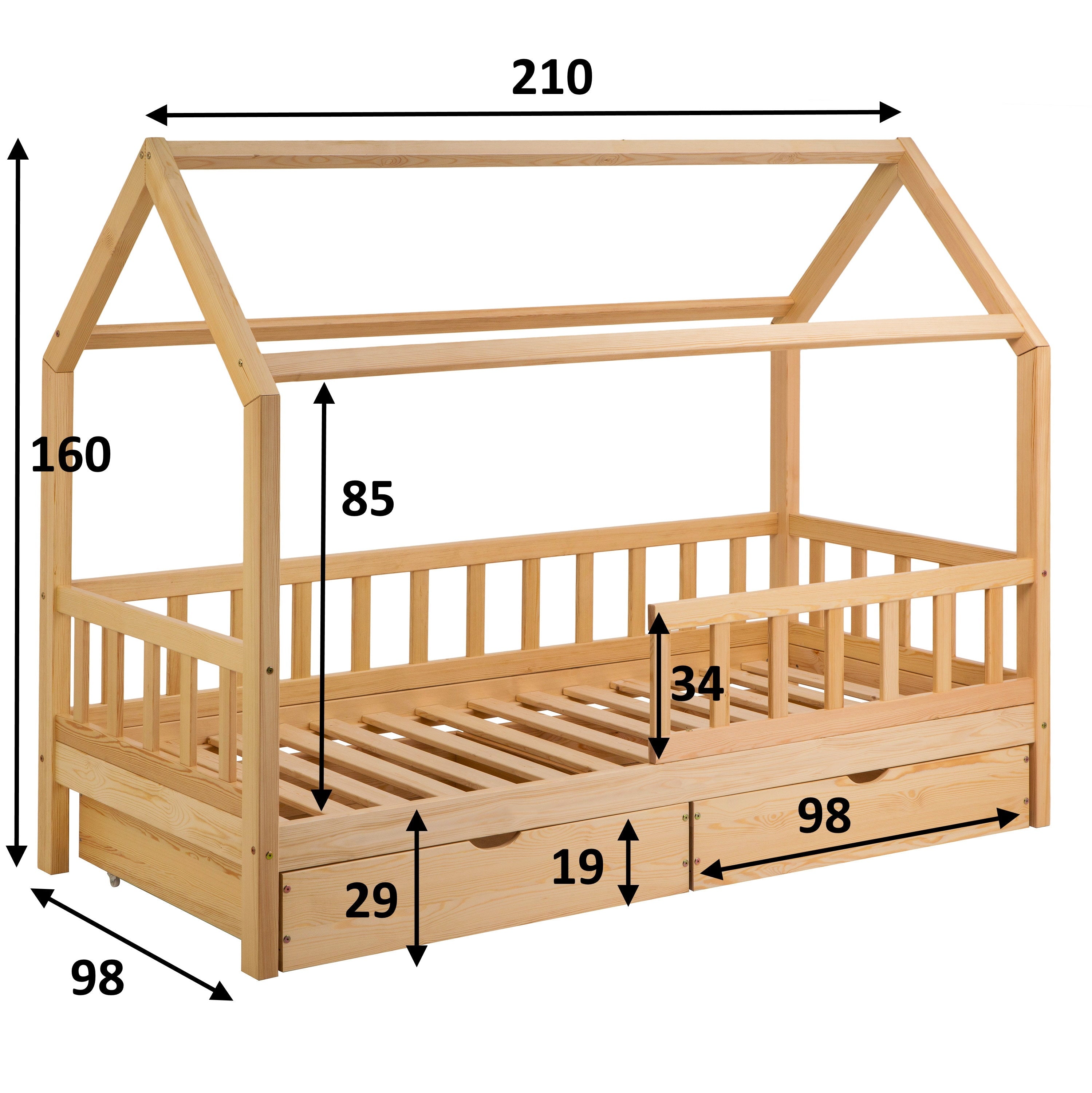 Lit Montessori naturel ÖÖBIK avec mesures sur fond blanc