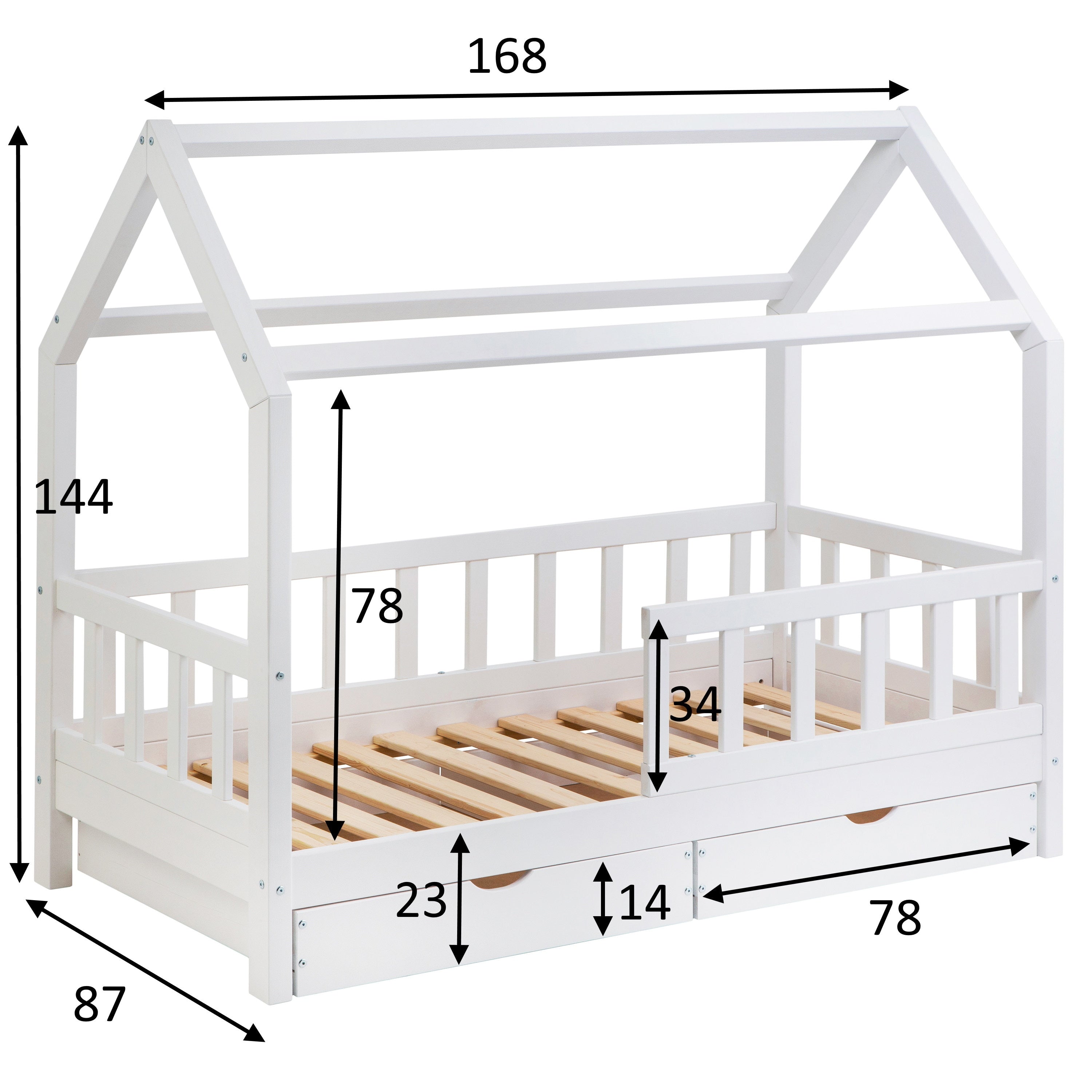 Measurements of the White Montessori bed ÖÖBIK with two drawers