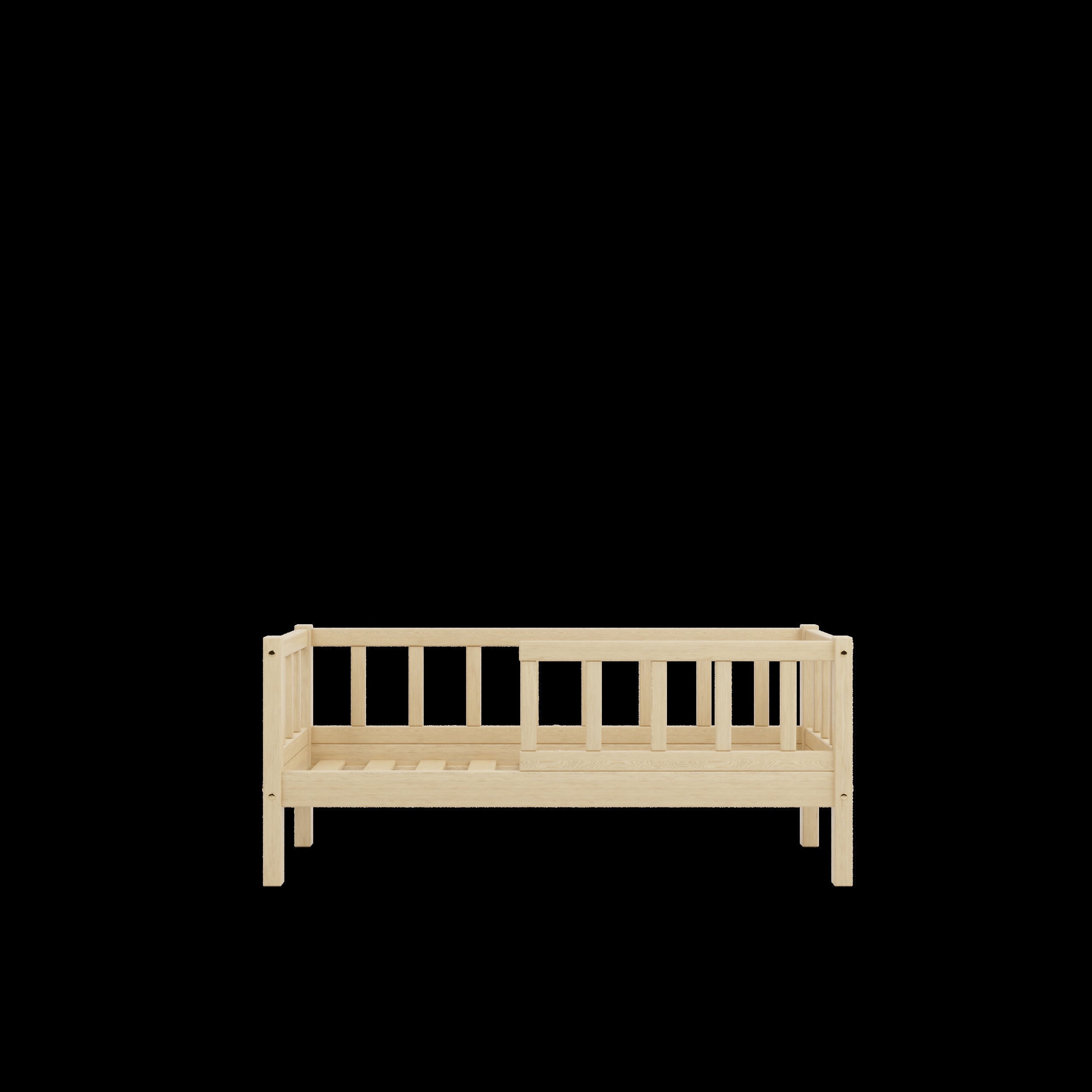 Front view of the natural oak toddler bed on a black background